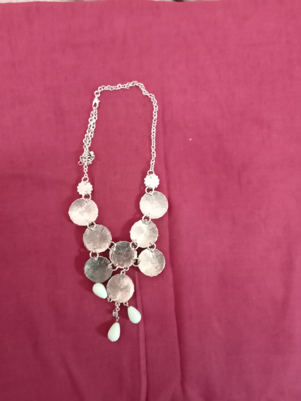 Silver-Tone Disc Statement Necklace with Mint Teardrops